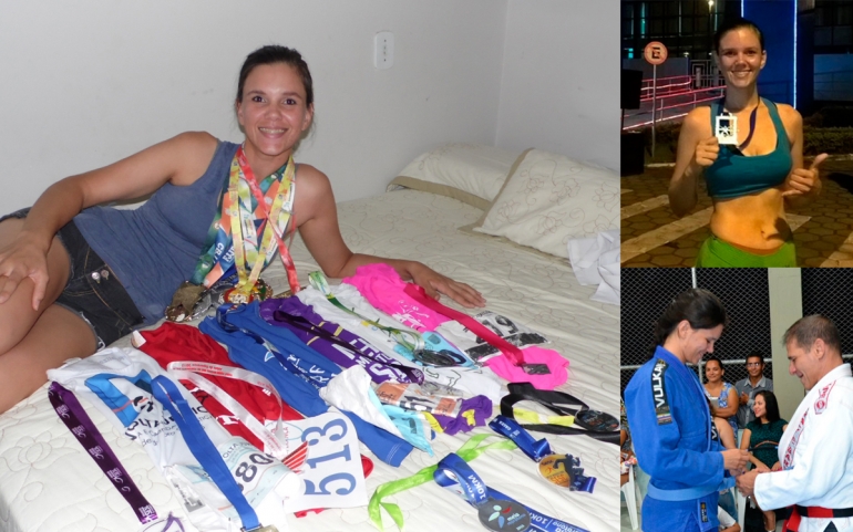 TRÊS MOMENTOS DE LARISSA:- Em casa, com as medalhas; ao fim de prova de rua; recebendo faixa azul de jiu-jitsu